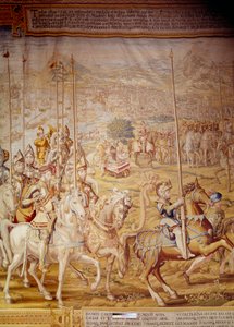 Eroberung von Tunis durch Kaiser Karl V. im Jahr 1535: Darstellung des Kaisers und des Infanten Don Luis. Detail eines Wandteppichs von Willem de Pannemaker (1554) Alcazar de Sevilla von Willem de Pannemaker