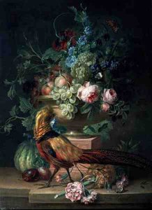 Stillleben mit Blumen und einem Fasan