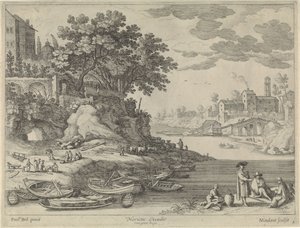 Hafen mit Ruderbooten, Figuren und Vieh von Willem van Nieulandt (II)