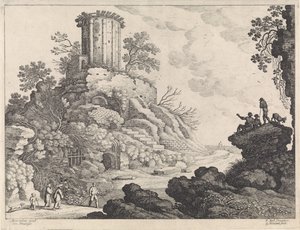 Landschaft mit der Ruine eines Tempels