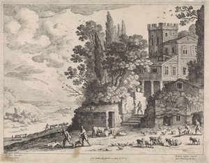 Landschaft mit einem Haus, Figuren und Vieh von Willem van Nieulandt (II)