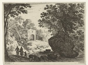 Paar und Kind bei Wassermühle (Italienische Landschaften) von Willem van Nieulandt (II)