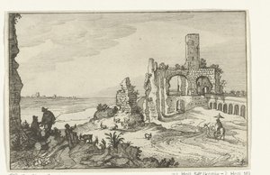 Ruine mit Bögen und einem Turm am Wasser
