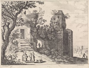 Ruine mit einer Gruppe von Frauen und Kindern