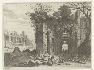 Rastende Familie vor einer Ruine