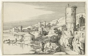 Stadt mit Türmen am Wasser von Willem van Nieulandt (II)