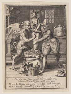 Ein Mann und der Teufel füllen einen Sack mit Geld und errichten eine Statue der Hoffnung, aus Allegorie des Missbrauchs weltlichen Eigentums