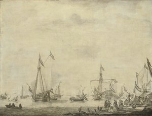 Königliche Yacht und Staatsyacht segeln von Moerdijk mit Charles II., König von England, an Bord, 1660 von Willem van de Velde (I)