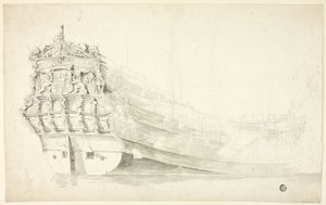 Niederländisches Schiff mit verziertem Bug von der Steuerbordseite gesehen