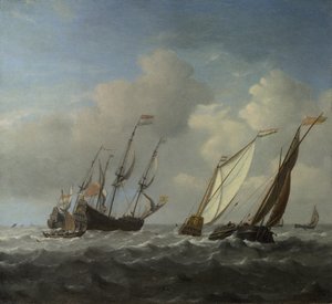 Ein niederländisches Schiff, eine Yacht und kleinere Schiffe im Wind, ca. 1660