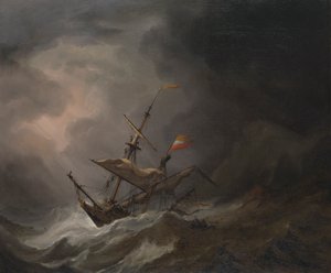 Eine Mittelmeer-Brigg treibt auf eine felsige Küste in einem Sturm, ca. 1700