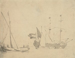 Ein Boeier an einem Pier und ein niederländisches Schiff vor Anker