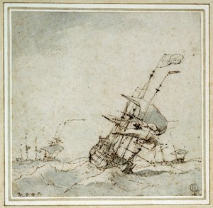 Ein Flaggschiff (Flaggenträger), das beschleunigt, um dem Sturm zu entkommen. Zeichnung von Willem van de Velde dem Jüngeren (1633-1707), um 1700 ausgeführt.
