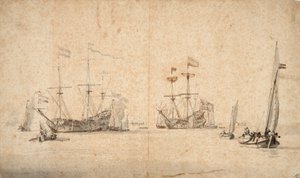 Eine Kaag läuft frei und zwei niederländische Flaggschiffe vor Anker, um 1665 von Willem van de Velde the Younger