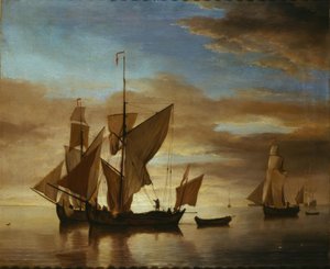Schiffe auf ruhiger See im Abendlicht von Willem van de Velde the Younger