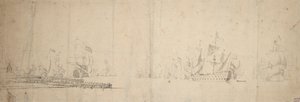Eine niederländische Flotte, die sich von einem Pier entfernt, ca. 1665
