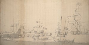 Eine Weyschuit wird in einem überfüllten Hafen an Land gezogen, ca. 1672 von Willem van de the Elder Velde