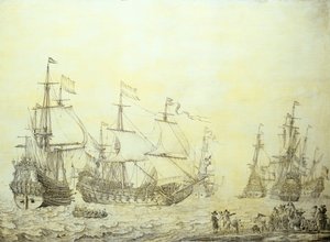 Niederländische Schiffe, die in der Nähe der Küste ankern von Willem van de the Elder Velde