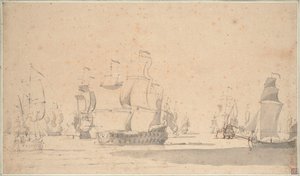 Englische Schiffe, eine Ketsch und eine Galeotte bei leichtem Wind, Juni 1673?, ca. 1673 von Willem van de the Elder Velde