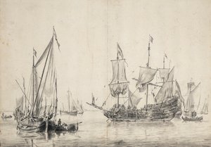 Segelboote und eine niederländische Fregatte, die ihre Segel trocknet. Zeichnung und Waschung (26x37 cm) von William van de Velde l