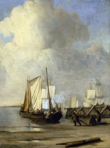 Eine Kaag am Ufer, ein niederländisches Boot für die Binnenschifffahrt