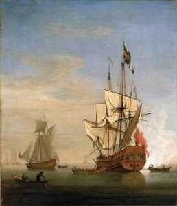 Ein britisches Kriegsschiff der sechsten Klasse feuert zur Begrüßung