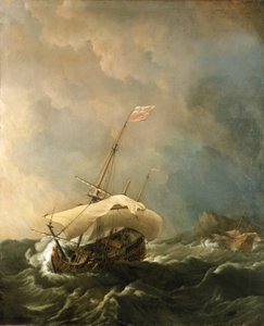 Britisches Schiff in stürmischem Wind, versucht, der felsigen Küste zu entkommen