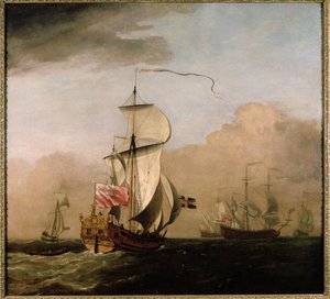 Die Ketsch des zweiten Herzogs von Albemarle mit einer Yacht links und drei Kriegsschiffen in der Ferne rechts