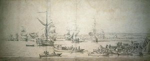 Die Ankunft von James, Herzog von York, auf der königlichen Yacht in Chatham, um das Linienschiff 