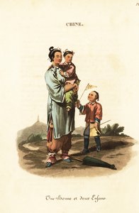 Chinesische Kinderfrau und zwei Kinder