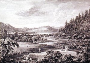 Ansicht von Ulswater in Richtung Pooley Bridge, graviert von Chatelin und Canot von William (after) Bellers