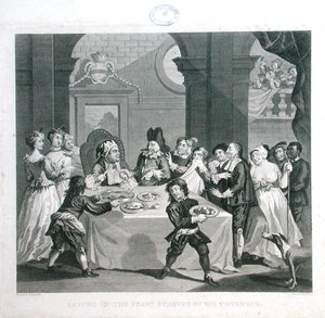 Sancho beim Festmahl, ausgehungert von seinem Arzt, graviert von Thomas Cook (1744-1818) von William (after) Hogarth
