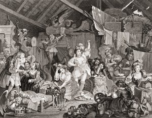 Umherziehende Schauspieler proben in einer Scheune, graviert von G. Presbury, aus The Works of Hogarth, veröffentlicht London 1833 (s/w Gravur)