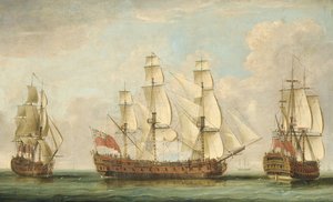 Das Schiff Bessborough der ehrenwerten [Ostindien] Kompanie in drei Positionen im Kanal mit überfüllten Decks von William (attr. to) Elliott