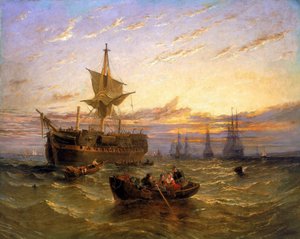 Britisches Ostindien-Handelsschiff auf der Themse (England). Öl auf Leinwand von William Adolphus Knell (1802-1875)