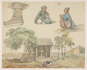 Figurenstudien und Schrein, aus einem Album von 372 Zeichnungen von Landschaften, Küstenlinien, Kostümen und Alltagsleben während der Botschaft von Lord Macartney an den Kaiser von China, zwischen 1792 und 1794 von William Alexander