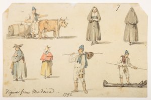 Figuren aus Madeira, 1792, aus einem Album von 372 Zeichnungen von Landschaften, Küstenlinien, Kostümen und Alltagsleben während der Lord Macartney-Botschaft an den Kaiser von China, zwischen 1792 und 1794 von William Alexander