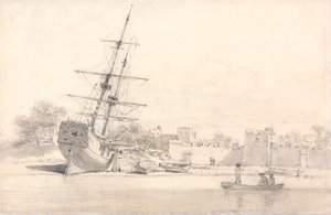 Ein kleines Segelschiff am Ufer unter einigen befestigten Gebäuden von William Alexander