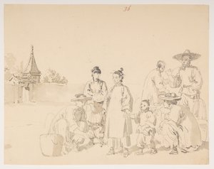 Eine Gruppe, aus einem Album mit 372 Zeichnungen von Landschaften, Küstenlinien, Kostümen und Alltagsleben, erstellt während der Botschaft von Lord Macartney an den Kaiser von China