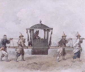 Chinesische Diener tragen eine Sänfte