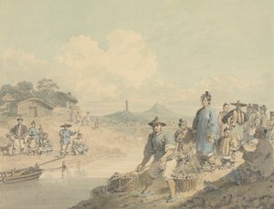 Ansicht in China: Figuren mit Pagode und Berg von William Alexander