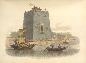 Ansicht eines Schlosses. Beschrieben als in der Nähe der Stadt Tien-sin. Innerhalb der Zinnen befindet sich ein Gebäude, um Wachen zu schützen, einer von ihnen schlägt einen Gong, um der Garnison die Annäherung eines Vizekönigs oder Mandarins von Rang anzu von William Alexander