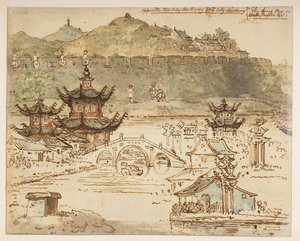 Gegenüber der Stadt Shin-ring in der Stadt Liu-shung. Sin-chung 16. Nov. Mauer, Pagode usw., aus einem Album von 372 Zeichnungen von Landschaften, Küstenlinien, Kostümen und Alltagsleben während der Botschaft von Lord Macartney an den Kaiser von China, zwi