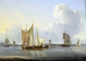Ankunft in Limehouse, London (England), verschiedene Boote auf der Themse und eine Mühle am Ufer, und rechts das Greenwich Hospital. Öl auf Leinwand, ca. 1820, von William Anderson (1750-1778). von William Anderson