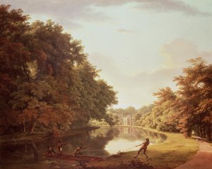 Punt auf dem Fluss Clodiagh im Charleville Forest, Offaly mit der Castellated Farm und Gothick Dairy im Hintergrund, ca. 1810