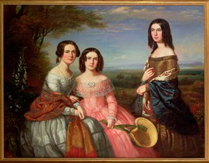 Gruppenporträt von drei Mädchen, Dreiviertellänge, in einer Landschaft