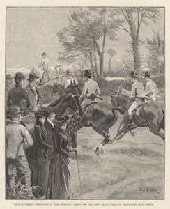 Steeplechase des Unterhauses in Rugby, 29. März, Ansturm am ersten Zaun, Mr. A. E. Pease, MP, führt mit Norah Creina von William Barnes Wollen