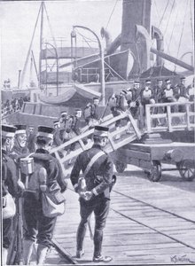 Japanische Truppen gehen in Kobe an Bord, Illustration aus Cassells Geschichte des Russisch-Japanischen Krieges Band 1, ca. 1900