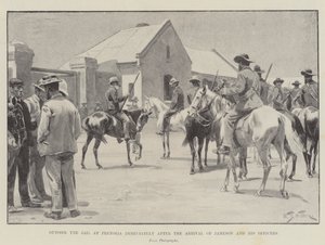 Vor dem Gefängnis in Pretoria unmittelbar nach der Ankunft von Jameson und seinen Offizieren von William Barnes Wollen