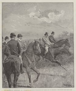 Das parlamentarische Hindernisrennen, Mr. F. Mildmay auf Discretion überholt Mr. Walter Long auf Crusader, am zweiten Hindernis von Zuhause von William Barnes Wollen